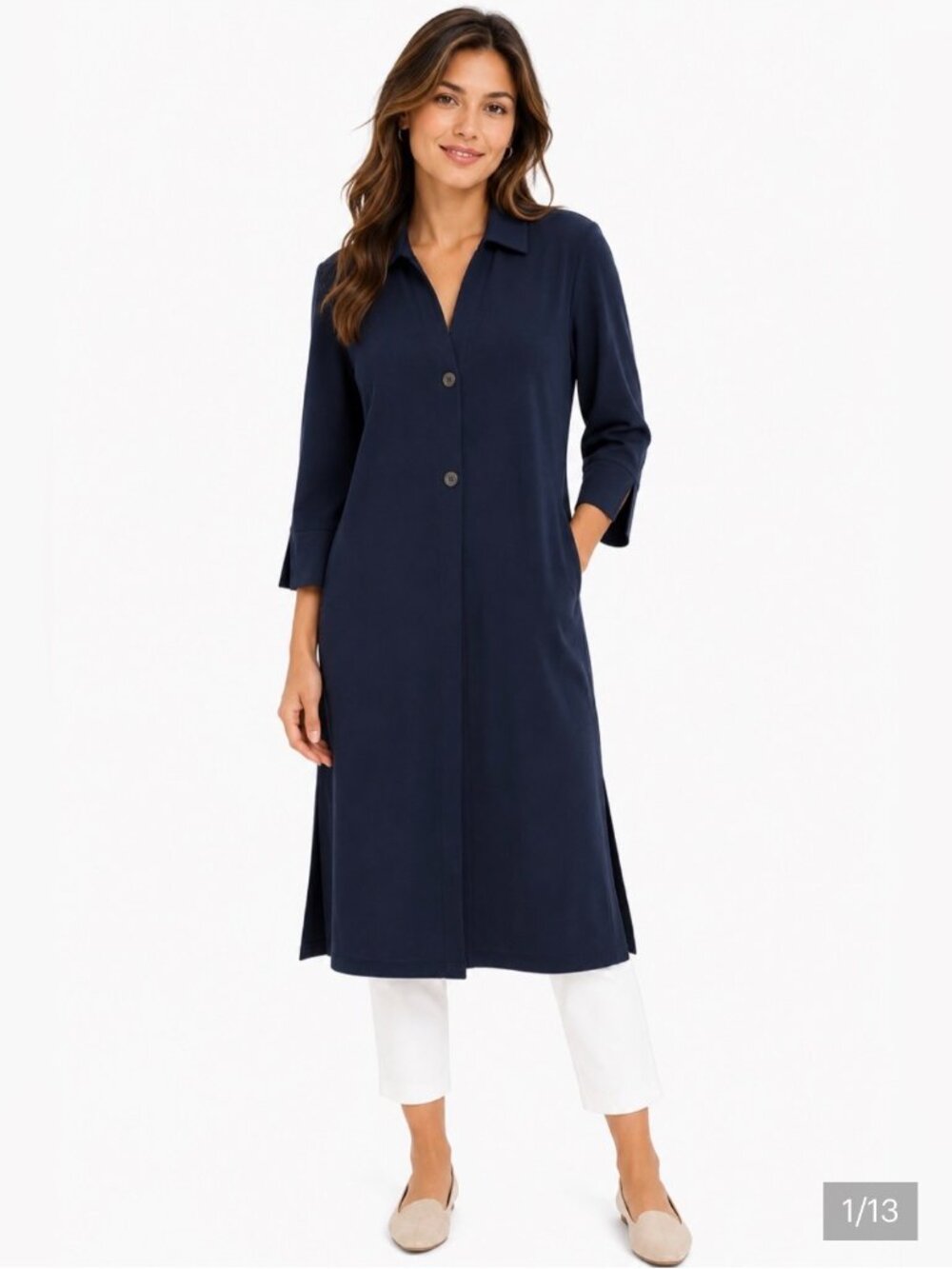 Chico's Travelers Navy Blue Button Front Tunic Jacket Cardigan Size 3 / XL 16